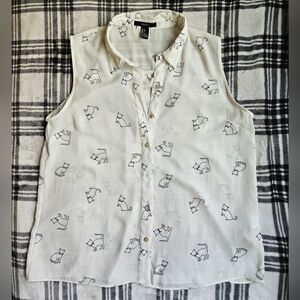 Forever 21 White Sleeveless Cat-Print Button-Up Blouse
